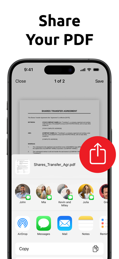 共有譲渡契約書というタイトルのPDFドキュメントの共有メニューを示すiPhone画面。