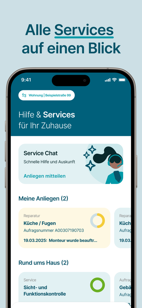 Mein Vonovia - Interfaz de la app móvil Mein Vonovia mostrando solicitudes de mantenimiento de servicios para inquilinos y seguimiento de estado