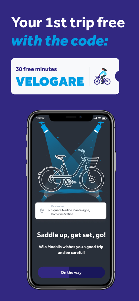 Vélo Modalis - Écran de l'application Vélo Modalis montrant une promotion pour le premier trajet gratuit avec le code VELOGARE et une icône de vélo électrique