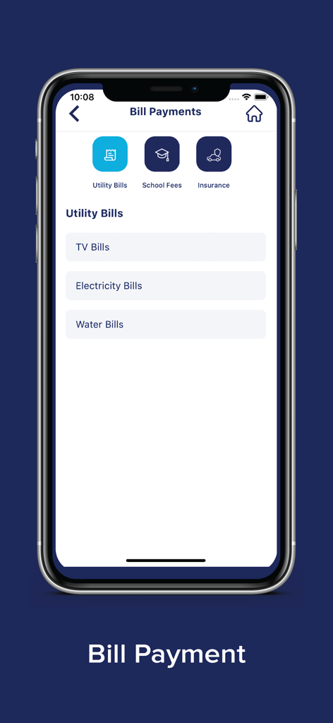 MyBank Mobile Banking - MyBank Mobile Banking app interface for bill payments including utilities and school fees