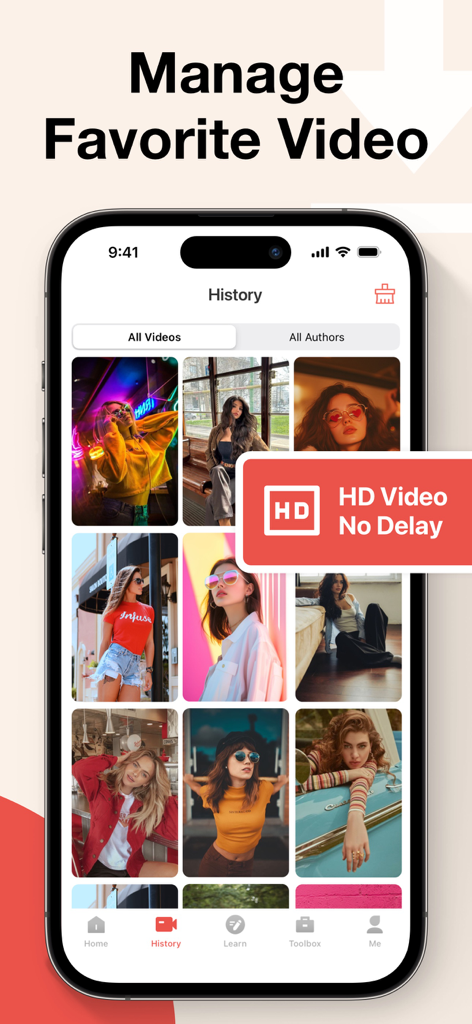 Interfaz de la aplicación TikSaver mostrando una cuadrícula de videos HD guardados en la sección de historial para una fácil gestión de contenido.