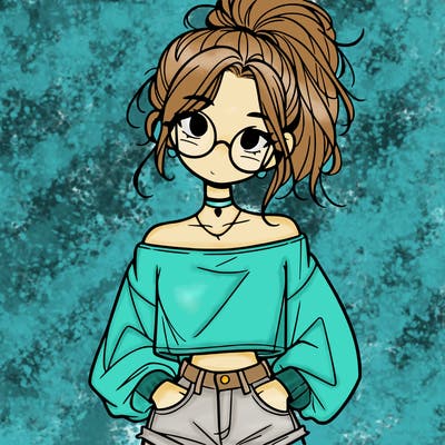 girl with a messy ponytail glasses a baggy crop top and jean shorts