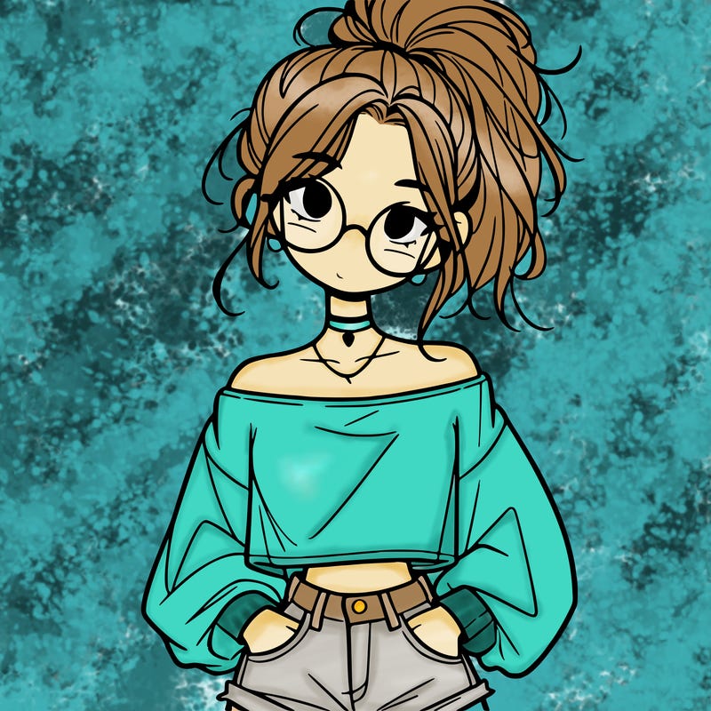 girl with a messy ponytail glasses a baggy crop top and jean shorts