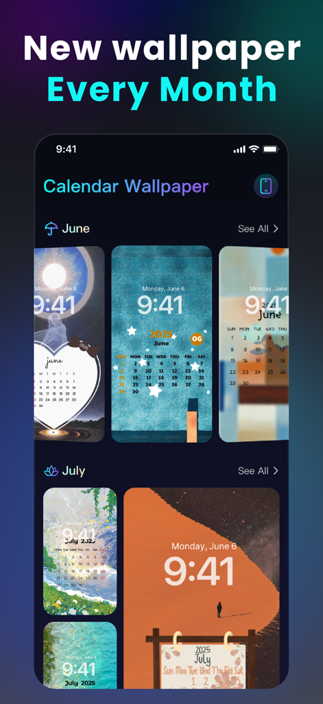 Interface of the Cloud Music Offline Player showing a selection of monthly calendar wallpapers for iPhone.