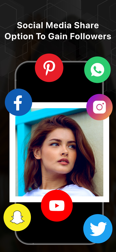 Photo Resizer & Compressor - A smartphone display showcasing a woman's portrait surrounded by popular social media icons for quick sharing