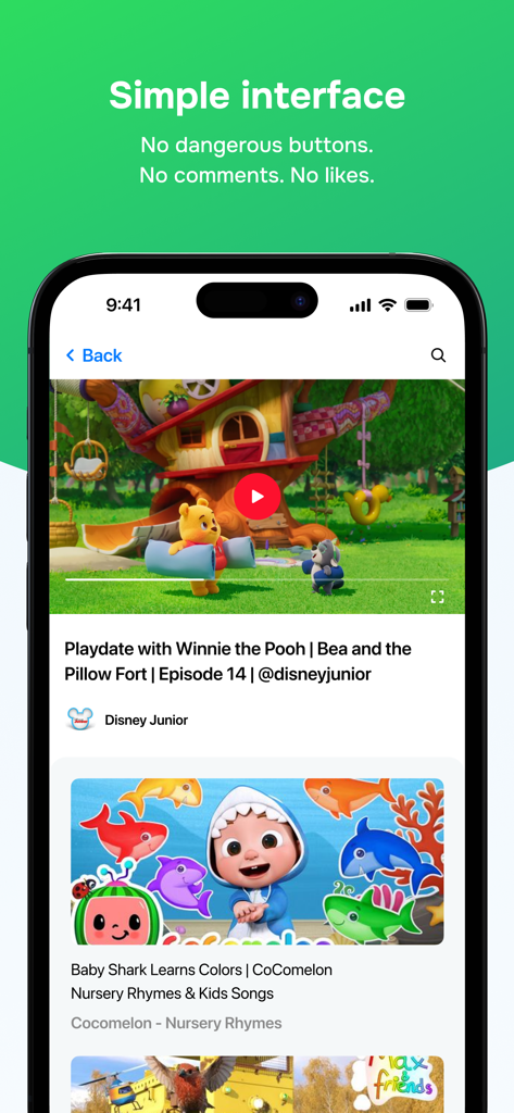 Interfaccia pulita e sicura dell'app Kids TV che mostra video adatti ai bambini senza commenti o like.
