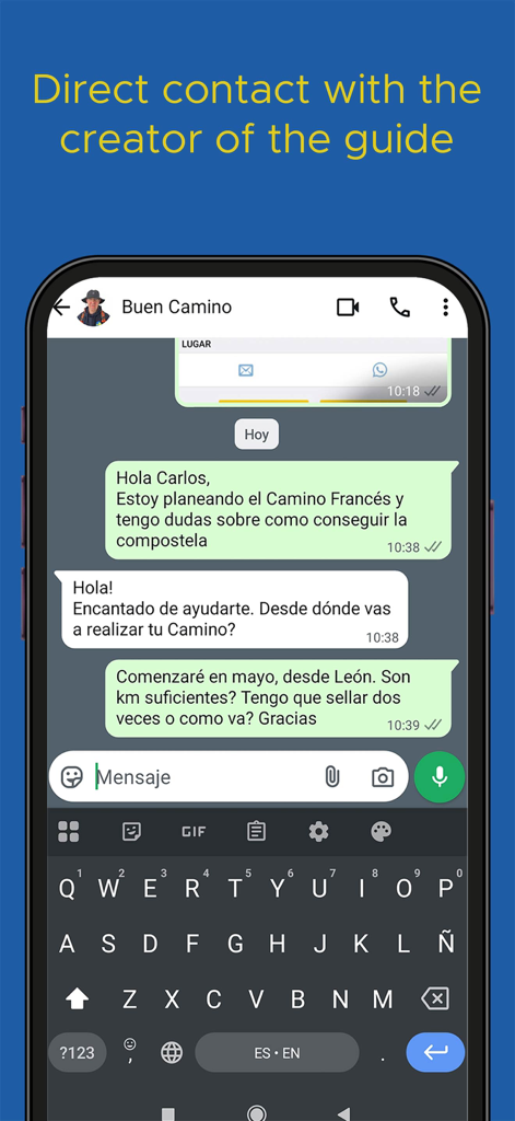Smartphone screen displaying a direct chat with the expert author for Camino de Santiago travel support