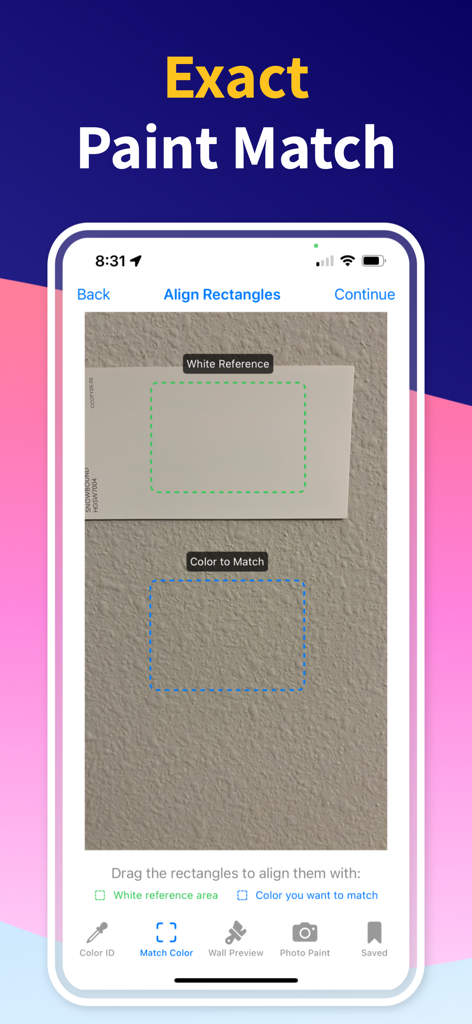 A smartphone screen showing the Paint Color Match app interface for aligning reference and target color rectangles on a textured wall.
