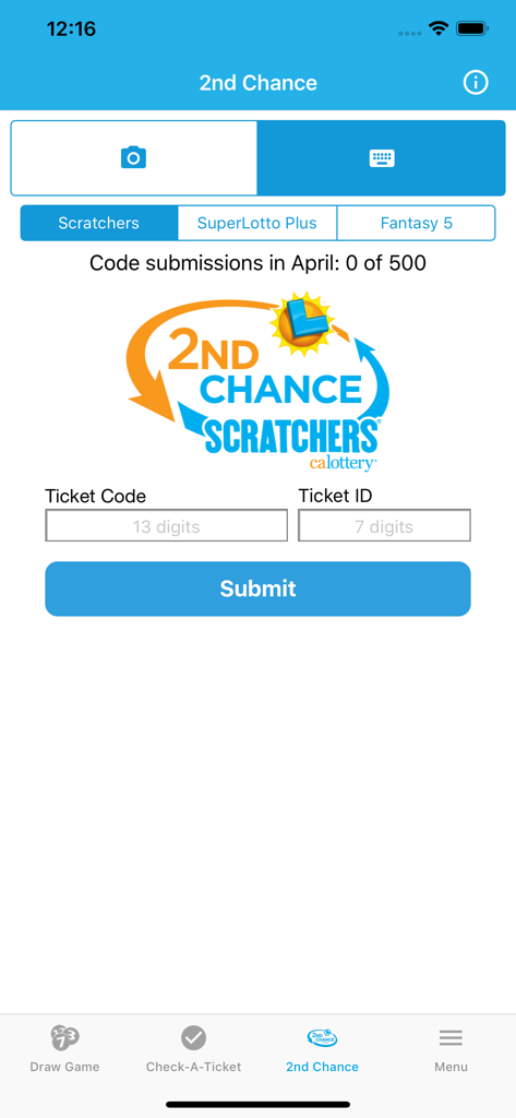 Pantalla de envío de boletos de Segunda Oportunidad de la App Oficial de la Lotería de CA