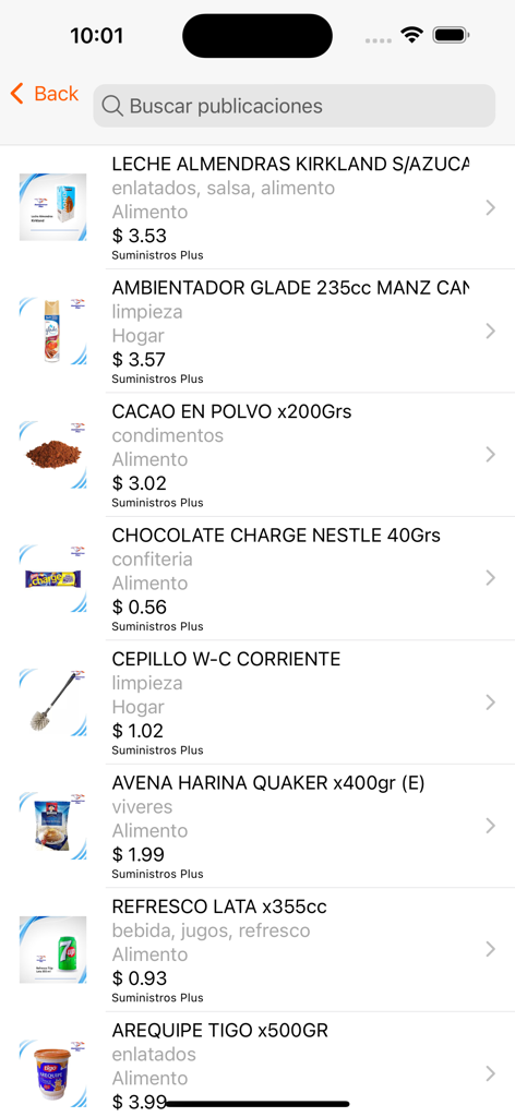 Tour - Schermata mobile dell'app Tour che mostra un elenco di generi alimentari e articoli per la casa con prezzi in USD.