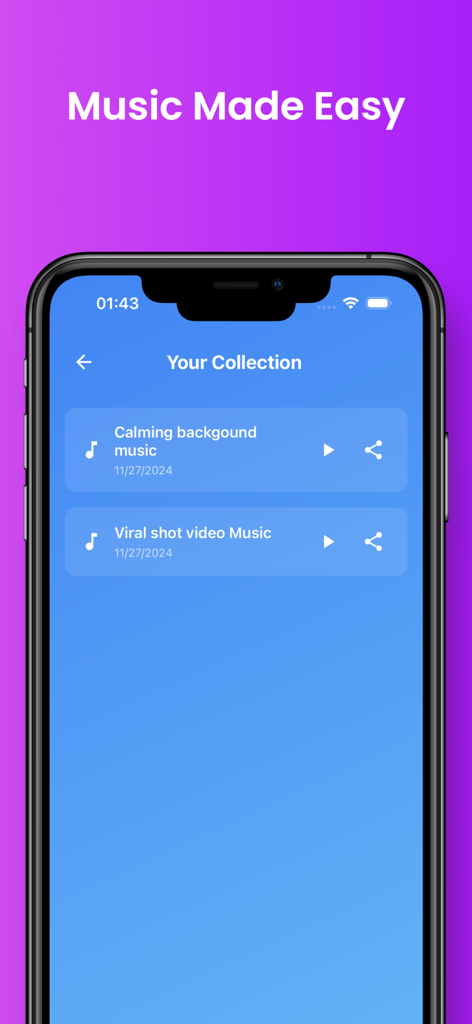 Riffusion: Songify Text AI - Captura de pantalla de la aplicación Riffusion que muestra una colección de canciones generadas por IA en la pantalla de un iPhone con el titular Música Hecha Fácil