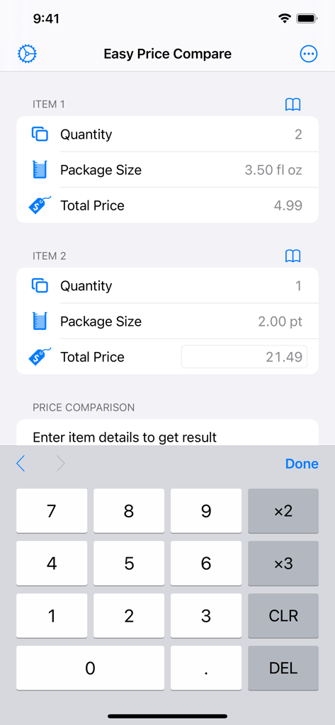Easy Price Compare - Easy Price Compare app interface for entering item quantity size and price for value comparison