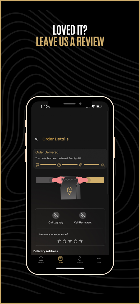 Lugmety app order details screen showing delivered status and review prompt