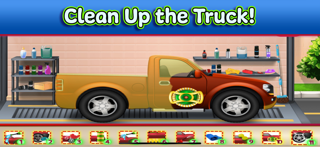 Tiny Car & Truck Wash Games - A brown pickup truck in a virtual car wash station with various cleaning tools and step-by-step icons