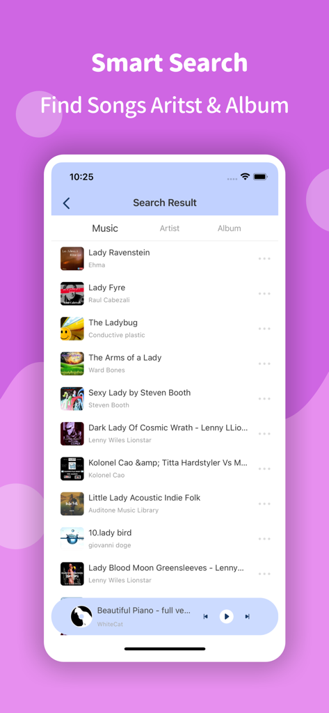 Music Downloader For Mp3 - Smart search results screen in the Music Downloader For Mp3 app showing a list of songs and artists
