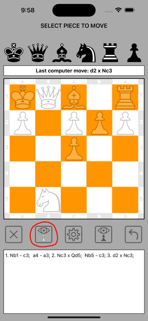 Blindfold Chess 5x5 - A mobile screenshot of the Blindfold Chess 5x5 app showing a small chessboard and piece movement options.