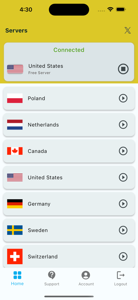 SetupVPN mobile app screen showing a list of global servers with a green connected status for a United States server