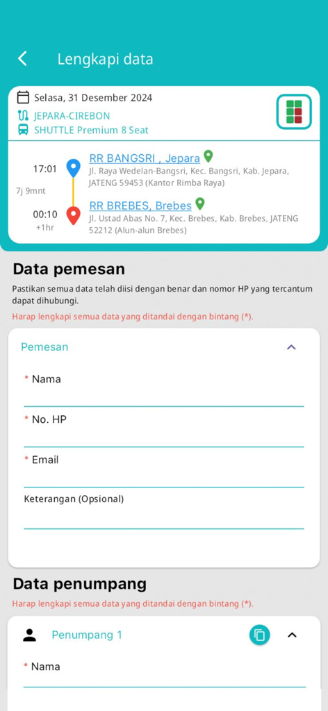 Mobile screen showing the shuttle booking form with fields for customer and passenger information.