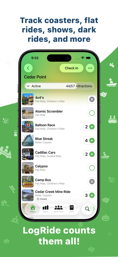 Interfaz de la aplicación LogRide que muestra una lista de verificación de atracciones en Cedar Point, incluidos los recuentos de atracciones y las categorías de atracciones
