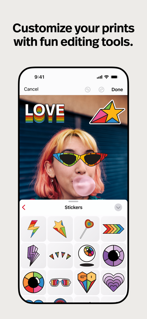 Polaroid Hi·Print - Interfaz de la app Polaroid Hi-Print mostrando la personalización de fotos con pegatinas coloridas y herramientas de edición.