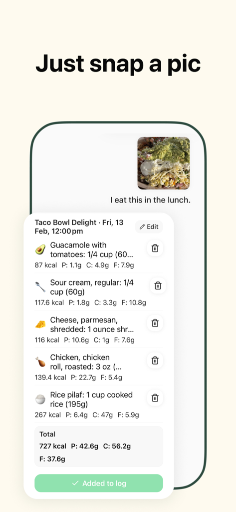 Calorie Tracker: Burner Diet - A smartphone showing the Burner Diet app feature where a photo of a taco bowl is analyzed to automatically log ingredients calories and macros