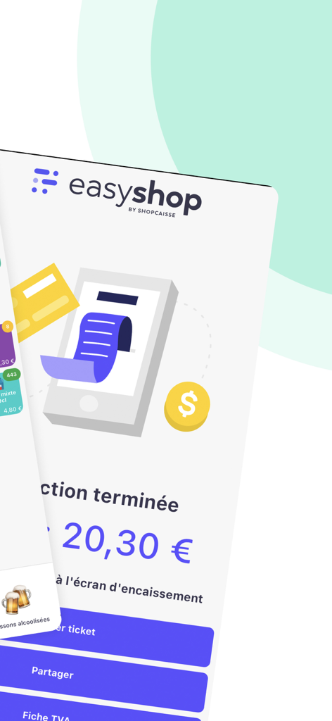 Interface de l'application Shopcaisse Pad montrant un écran de transaction complétée pour vingt euros et trente cents