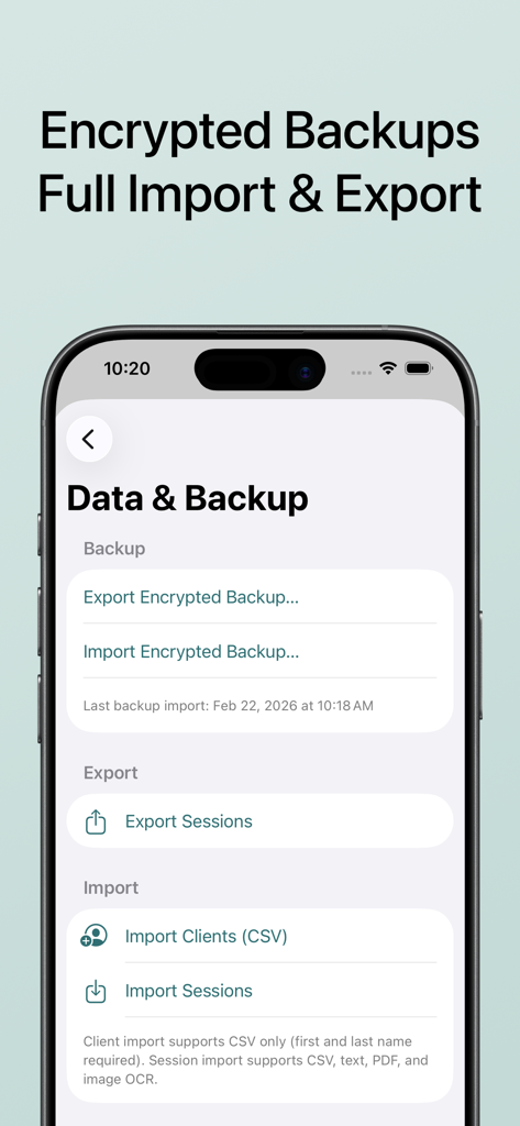 SOAP Notes Logbook - Data and backup screen in the SOAP Notes Logbook app showing encrypted export and import options