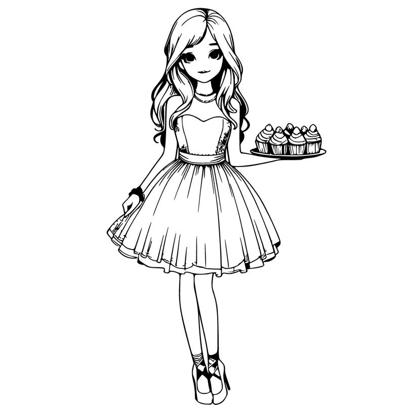 realistic girl with dress and a tray of cupcakes in her hand