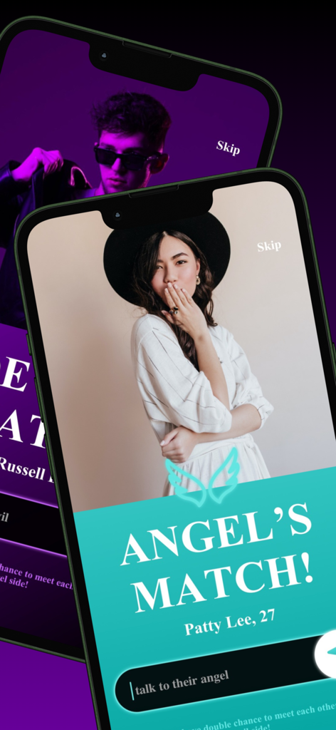 Purpo - Love & Desire Dating - Mobile phone screens showing the dual Angel and Demon match profiles on the Purpo dating app.