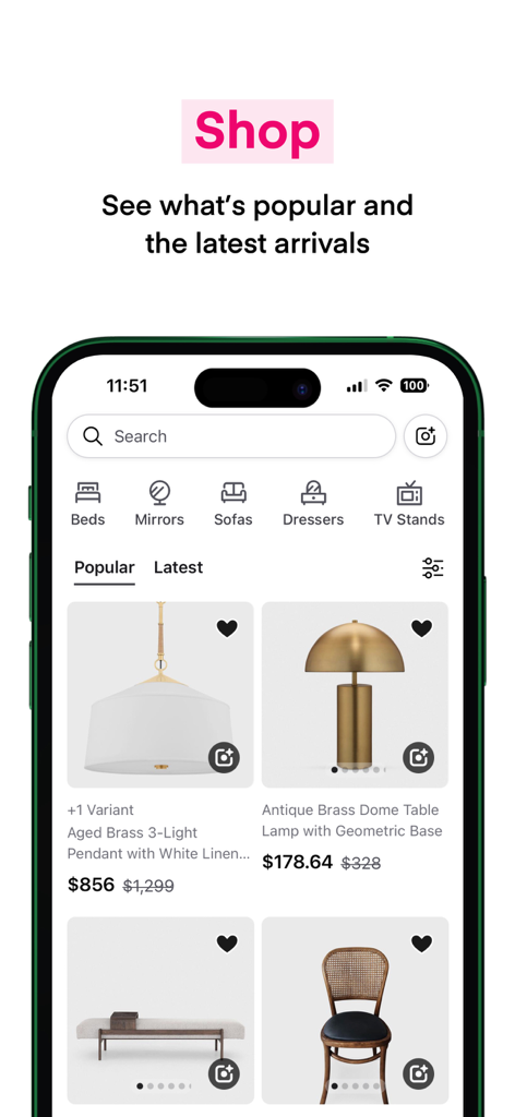 Spoken.io: Save and Explore - Interfaz de la app Spoken.io mostrando muebles e iluminación populares con precios rebajados
