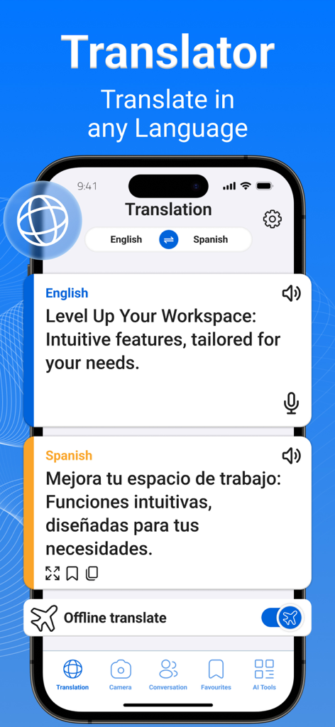 Interfaz de la aplicación Traductor IA mostrando traducción de texto de inglés a español y el interruptor del modo offline.