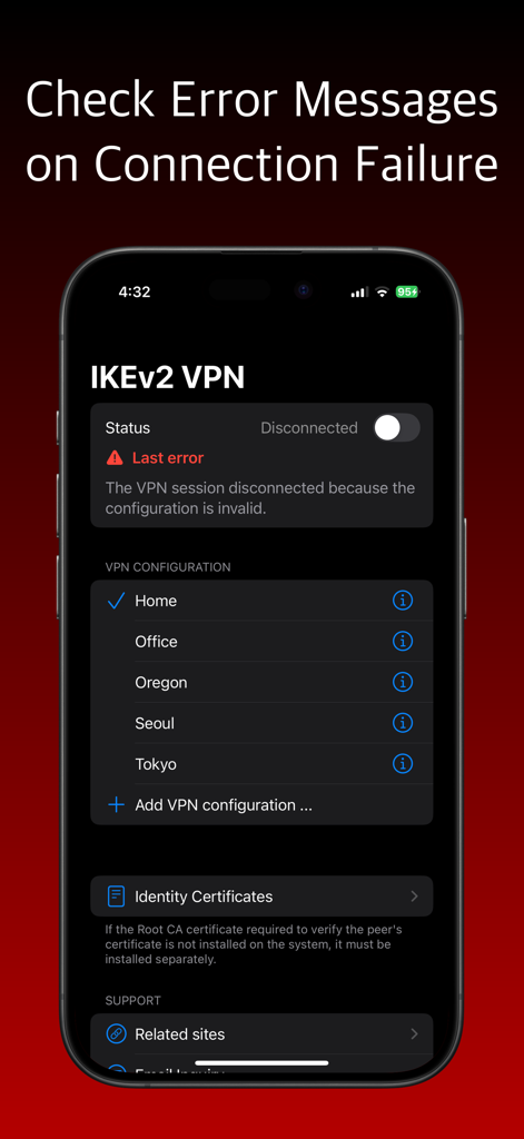 IKEv2 VPN 앱 인터페이스 스크린샷에 실패한 연결에 대한 자세한 오류 메시지와 구성된 VPN 서버 목록 표시