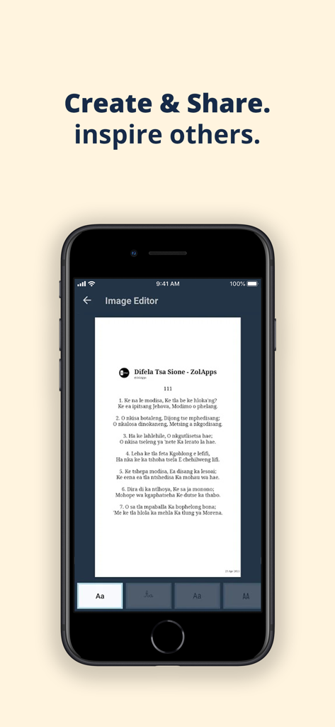 Difela Tsa Sione app image editor showing a hymn formatted for social media sharing.