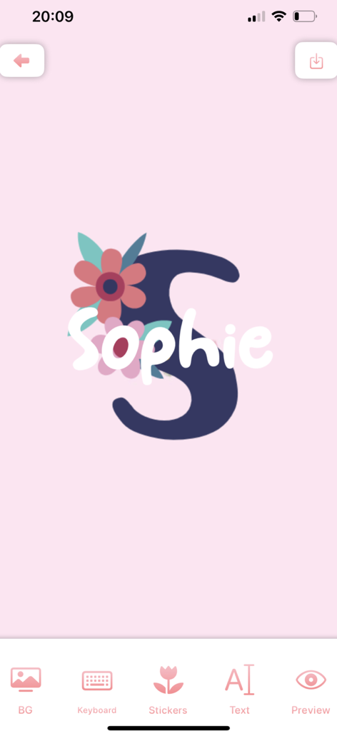 A custom phone wallpaper with a floral initial S and the name Sophie on a pink background