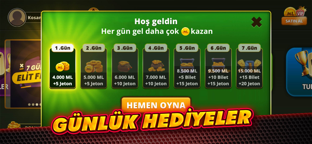 Çanak Okey - Mynet Oyun - A screenshot of the daily login reward screen in the Canak Okey app showing prizes for a seven day streak