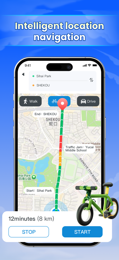 iMoveGo - Change location - A smartphone showing the iMoveGo app interface with an intelligent location navigation route on a map