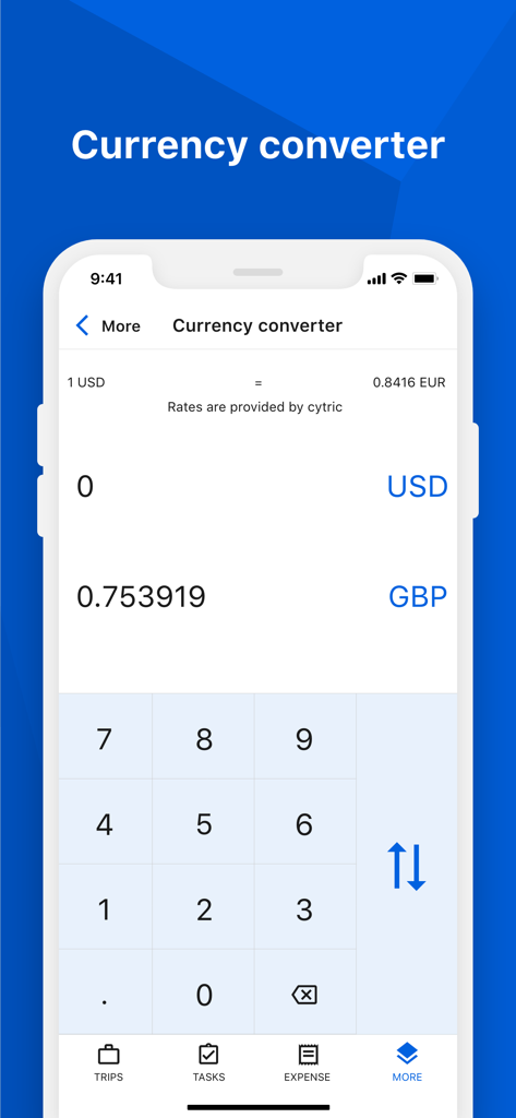 cytric Mobile - Currency converter interface in the cytric Mobile business travel app