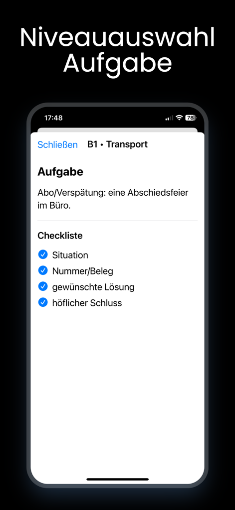A German B1 level writing task screen for an office farewell party including a requirement checklist.