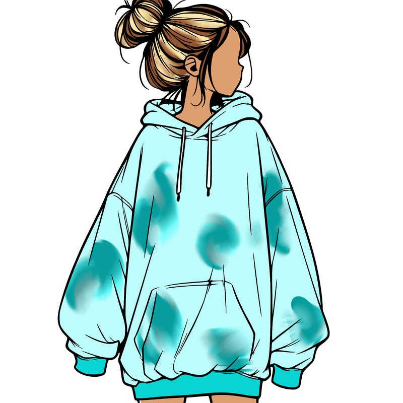 realistic girl with a oversized sweatshirt on and a bun