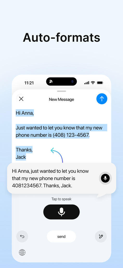 Typeless AI voice keyboard app interface showing a dictated message being auto-formatted into a professional text message with correct punctuation and phone number styling