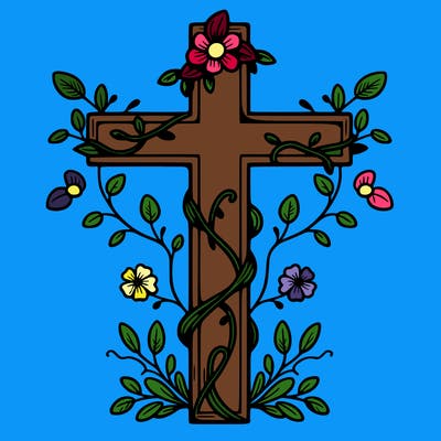 christian cross with vines and flowers