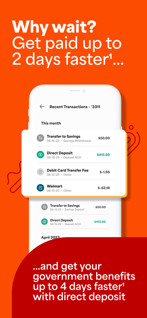 Netspend Wallet - Netspend Wallet mobile app screen showing transaction history and early direct deposit features.