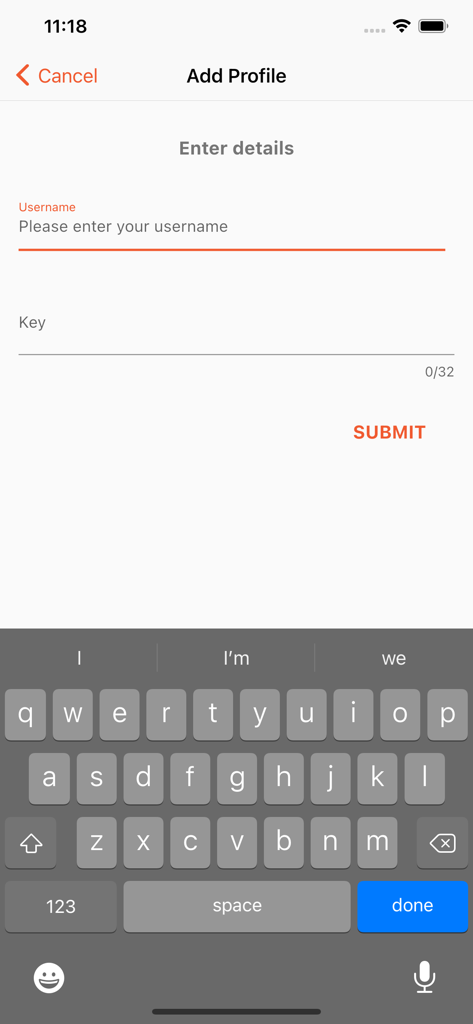 Accops HyID - Accops HyID app screen showing the form to add a profile with username and key fields.