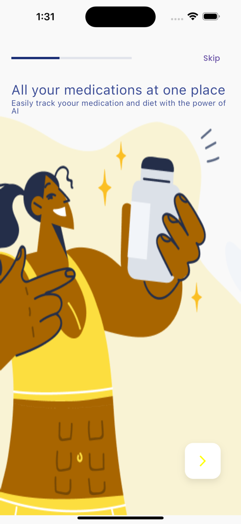 Bisa - Bisa health app onboarding screen showing AI medication and diet tracking features with a woman holding a medicine bottle illustration.