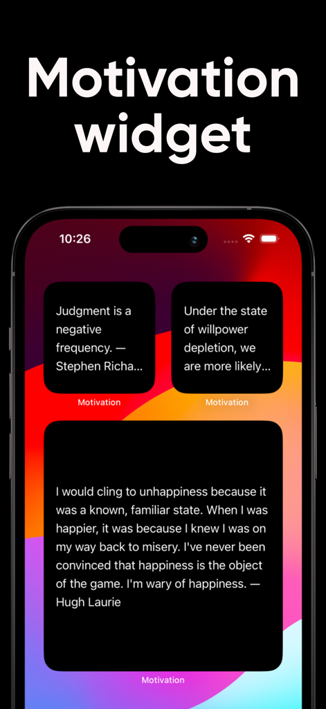 Motivational Quotes - Widget - iPhone home screen featuring several black widgets with various motivational and philosophical quotes.