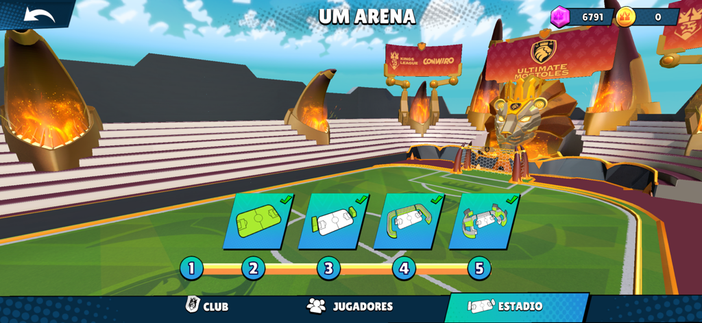 Kings League Clash of Captains - Stadium customization and progression menu in Kings League Clash of Captains showing the UM Arena