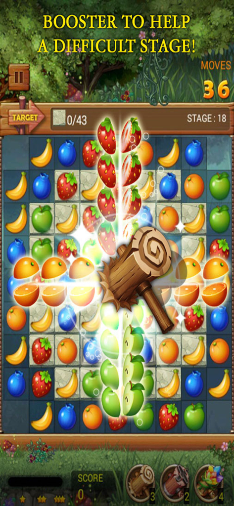 Gameplay of Fruits Forest showing a wooden hammer booster clearing a column of fruit items on a puzzle board
