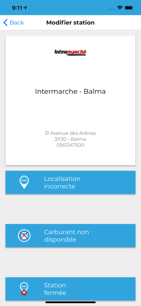 Mes Stations E85 3.0 - Oberfläche zur Meldung der Kraftstoffverfügbarkeit oder eines falschen Standorts für eine E85-Tankstelle in der App