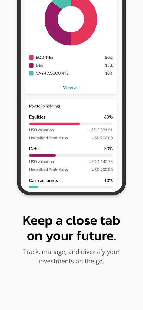 MCB Juice - Mobile app screen of MCB Juice showing investment portfolio holdings and asset allocation chart