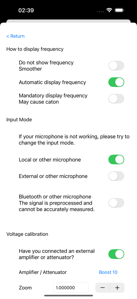 Mobile Oscilloscope - 모바일 오실로스코프 앱의 설정 메뉴에 주파수 표시 및 입력 모드에 대한 구성 옵션이 표시됩니다.